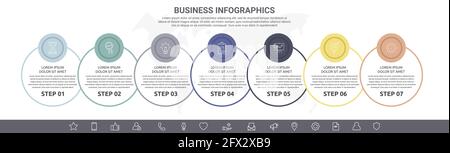 Modern and line vector infographic with icons and seven steps. Circles with thin lines for the application, website, interface, chart, levels, diagram Stock Vector