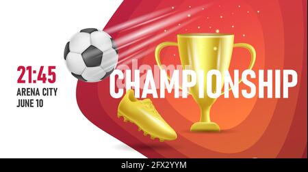Football championship announcement poster with golden boot and cup with ball in speed motion and typography Stock Vector