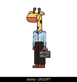 A cute giraffe wearing sanitary mask prevent coronavirus, flu, dust cartoon character with black outline flat vector illustration isolated on white ba Stock Vector