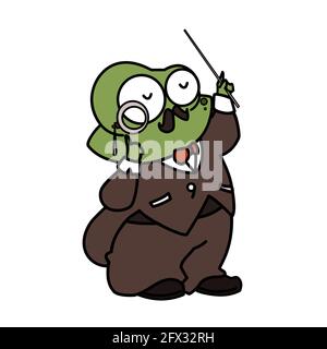 A green gentleman frog singing  a song clip art cartoon with black ouline flat vector illustration isolated on white background. Frog singing in rainy Stock Vector