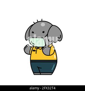 A cute elephant wearing sanitary mask prevent coronavirus, flu, dust cartoon character with black outline flat vector illustration isolated on white b Stock Vector