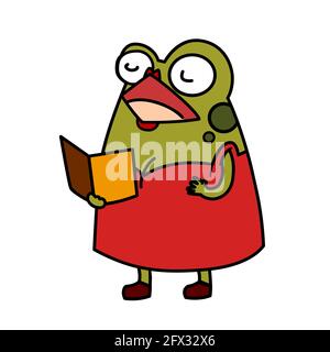 A green lady frog singing  a song clip art cartoon flat vector illustration isolated on white background. Frog singing in rainy season happily Stock Vector
