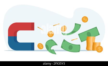 Attracting money, magnetic coins concept, Business concept of investment, crowdfunding, Flat vector illustration Stock Vector