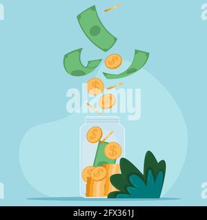 Save money concept. Saving dollar in jar. Money Jar. Vector illustration in flat style Stock Vector