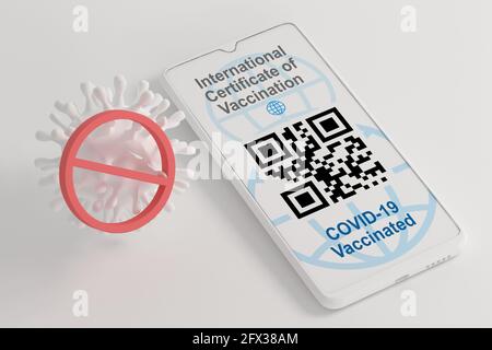 Covid19 passport, certificate of person vaccinated against Covid, easier travel and other benefits. International Certificate Of Vaccination, QR code Stock Photo