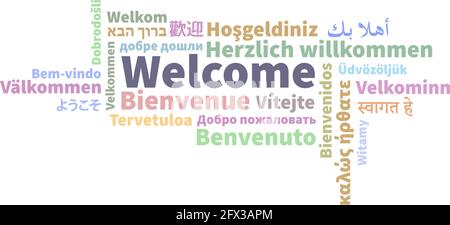 word WELCOME in different languages, greeting word cloud vector illustration Stock Vector