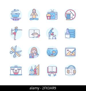 Hobbies to do at home - modern line design style icons set. Leisure activities, entertainment idea. Cooking, yoga, needlework, workout, reading, drawi Stock Vector