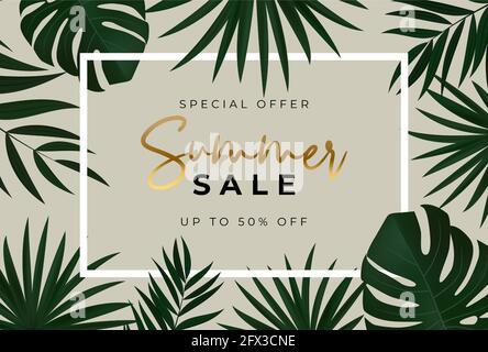 Summer sale poster. Natural Background with Tropical Palm Leaves. Vector Illustration Stock Vector