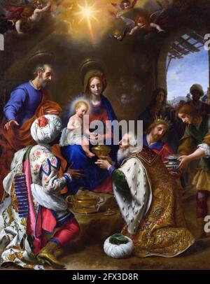 Nativity Scene. The Adoration of the Kings by Carlo Dolci (1616-1686), oil on canvas, 1649. Baby Jesus receiving gifts from the Magi. Stock Photo