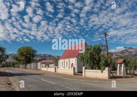 KLAARSTROOM, SOUTH AFRICA - APRIL 5, 2021: A street scene, with the Good Shepherd Anglican Church, in Klaarstroom in the Western Cape Karoo Stock Photo
