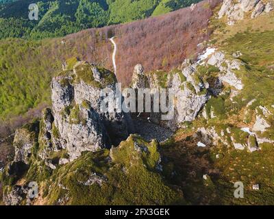 Babin Zub rock formation in Stara Planina (Old Mountains).  Nature outdoors travel destination, Balkan mountain, Serbia. Aerial, drone view Stock Photo