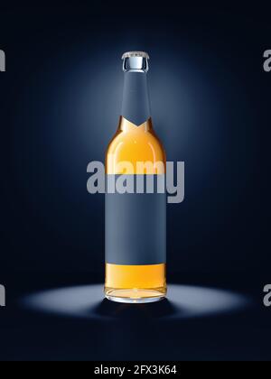 Full beer glass bottle against dark background. Empty grey label for your text. Lit by spotlight from top. Stock Photo