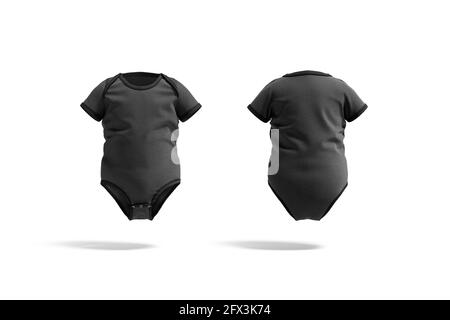Blank black half sleeve baby bodysuit mockup, front and back, 3d rendering. Empty fabric wraparound babygro mock up, isolated. Clear kid overalls or p Stock Photo