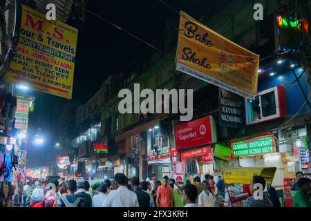 OLD MARKET, NEW DELHI, INDIA - OCTOBER 28 2018 : The busy old delhi market in the evening. It is famous for its food, fruits , handicrafts , clothes a Stock Photo