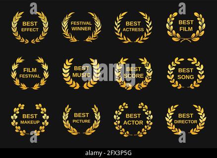 Movie award. Golden film awards, best director winner rewards. Cinema festival nomination emblems, gold laurel wreath winners logo vector set. Best song, score, music and actor or actress Stock Vector