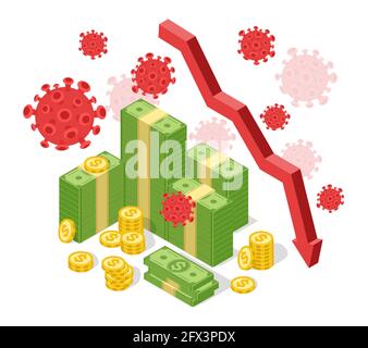 Pandemic global economic crisis. Declining arrow chart. Financial collapse due coronavirus outbreak, covid-19 impact on economy vector concept. Market negative graphic during quarantine Stock Vector