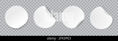 Round stickers. White adhesive sticker with curled edges. Circular paper notes, peeling sticky labels, blank circle tags vector mockup. Twisted or curved clean element on transparent Stock Vector