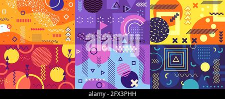 Memphis background. Funky abstract cover with geometric shapes and patterns. Fun pop art retro 80s 90s style poster template vector set. Bright colorful decor with curves, lines, circles and squares Stock Vector