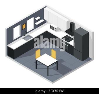 Isometric kitchen. Modern kitchen room interior with furniture and appliances. Refrigerator, oven, microwave, table, chairs. 3d vector interior. Elegant and stylish black and white furnishing Stock Vector