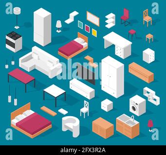 Isometric furniture. Table, cabinet and bed, chair and couch, lamp and stove, fridge. Modern living room, bedroom and kitchen interior elements vector set. Isolated indoor objects Stock Vector