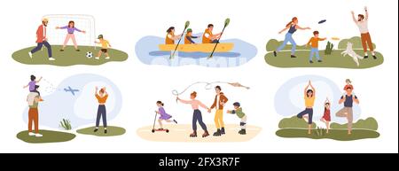 Family activity. Happy parents playing sports games with their children. Healthy family activities, summer outdoor recreation vector set. People playing football, frisbee, roller skating Stock Vector