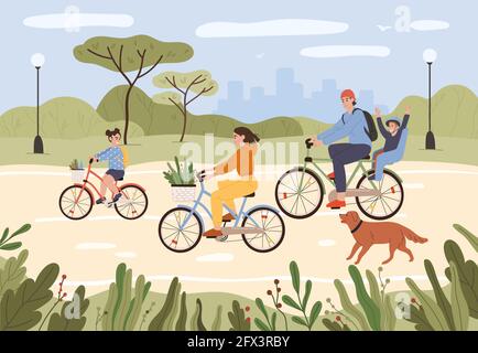 Family on bikes. Parents and kids riding bikes. Active family cycling in city park. Summer outdoor recreation, sports activity vector illustration. People having healthy lifestyle, leisure time Stock Vector