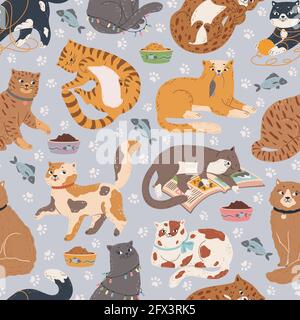 Cats seamless pattern. Cute cat sleeping, playing with toys, sitting. Cartoon pet animal background with funny kittens vector texture. Kitty with ball of yarn, mouse, sleeping on book Stock Vector