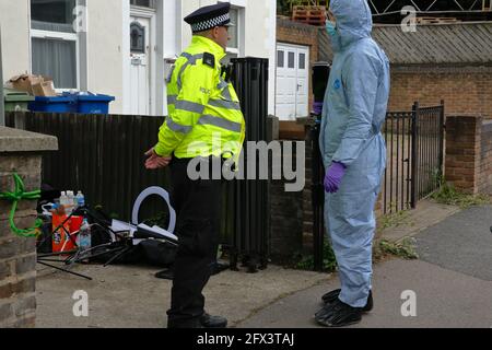 London (UK), 25 May 2021: Police forensics examine the house on Copeland Road in Peckham where (or near where) civil Rights activist Sasha Johnson was Stock Photo