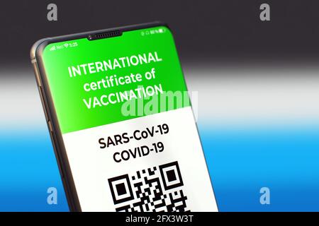 COVID-19: Digital green certificate. Vaccinated digital health passport. Mobile Application on the Cellphone Screen. Vaccinated digital health passport valid digital vaccination certificate. 3D Render Stock Photo
