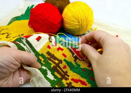 A woman's hands completing a multi-colored drawing on a cross stitch template Stock Photo