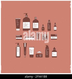 Set of cosmetic bottles in graphic style. Many containers for beauty and fashion products drawing on coral background Stock Vector
