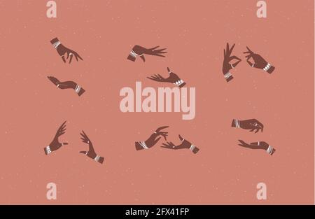 Hands pair with bracelets and rings in ethnical style in different positions to express emotions drawing on coral background Stock Vector