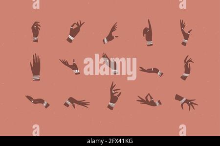 Hands with bracelets and rings in ethnical style in different positions to express feelings and emotions drawing on coral background Stock Vector