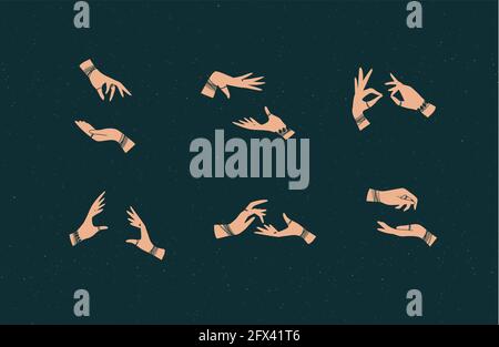 Hands pair with bracelets and rings in ethnical style in different positions to express emotions drawing on dark background Stock Vector
