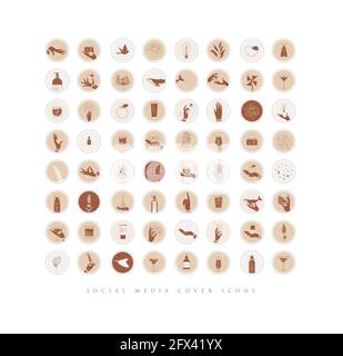 Hands, labels, cosmetics bottles, decorative symbols, branches, flowers, animals and various objects in minimalist graphic style drawing with mustard Stock Vector