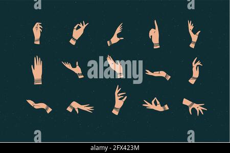 Hands with bracelets and rings in ethnical style in different positions to express feelings and emotions drawing on dark background Stock Vector