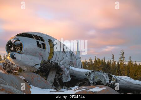 Miss Piggy Plane wreck in Churchill, Manitoba with pink, cloudy sunset background in frame with snow on rocks in front of crash landing site. Stock Photo