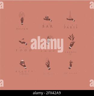 Hand labels with bracelets, rings holding decorative elements with lettering in minimalist style drawing on coral background. Stock Vector