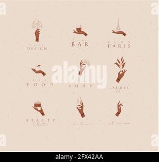 Hand labels with bracelets, rings holding decorative elements with lettering in minimalist style drawing on beige background. Stock Vector