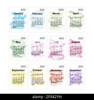 Calendar template for the year 2022 in simple minimalist style, abstract colorful background loose brush strokes, week starts on Sunday, vector printable page Stock Vector