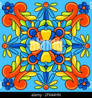Mexican talavera ceramic tile pattern. Decoration with ornamental flowers. Background with mexican talavera pattern. Decoration with ornamental Stock Vector