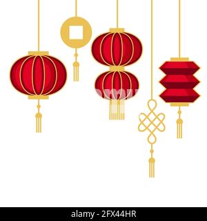 Illustration of hanging red lanterns. Decorative oriental symbol for design of cards and invitations. Stock Vector