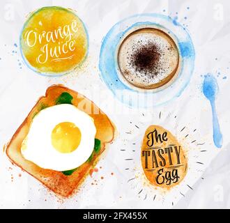 Breakfast painted watercolor toast with scrambled egg orange juice a cup of coffee Stock Vector