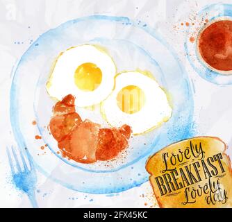 Breakfast painted with watercolors on a plate scrambled and a croissant as a person with smile a fork and tea with breakfast lettering lovely breakfas Stock Vector