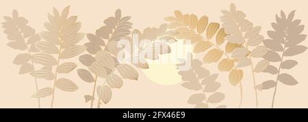Digital vector illustration - silhouettes leaves with golden outline and light yellow circle on light beige. Luxurious art deco wallpaper design for print, poster, cover, banner, fabric, invitation. Stock Vector