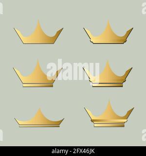 Vector gold crown with dark shadow icons set. Decoration props for medals, coins, badges, etc, isolated on a light green background. Stock Vector