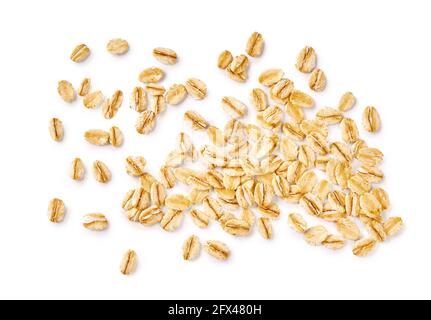 Oat flakes isolated on white background. Flakes for oatmeal and granola. Ready image of oat flakes for you design. Stock Photo