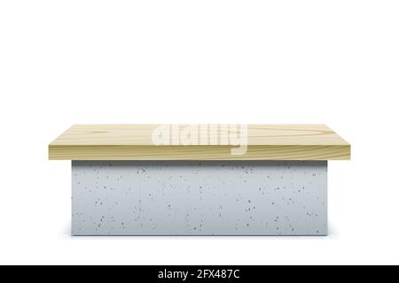 Wide concrete bench with wooden cover, isolated on a white background. Stock Vector