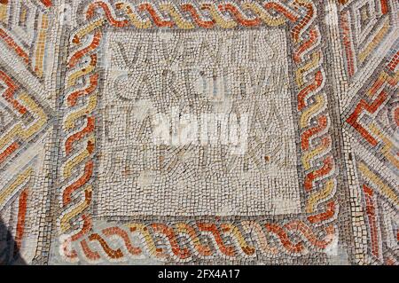 Portugal. Roman ruins of Villa Cardillio. 1st-4th centuries AD. Detail of a mosaic with the names of the owners: Cardilio and Avita. Environs of Torres Novas. Stock Photo