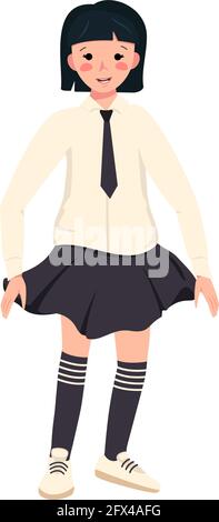 A girl with a face, dark hair, bob hairstyle and a school uniform. Happy smiling kid. Teenagers in smart black and white clothes. World children day Stock Vector